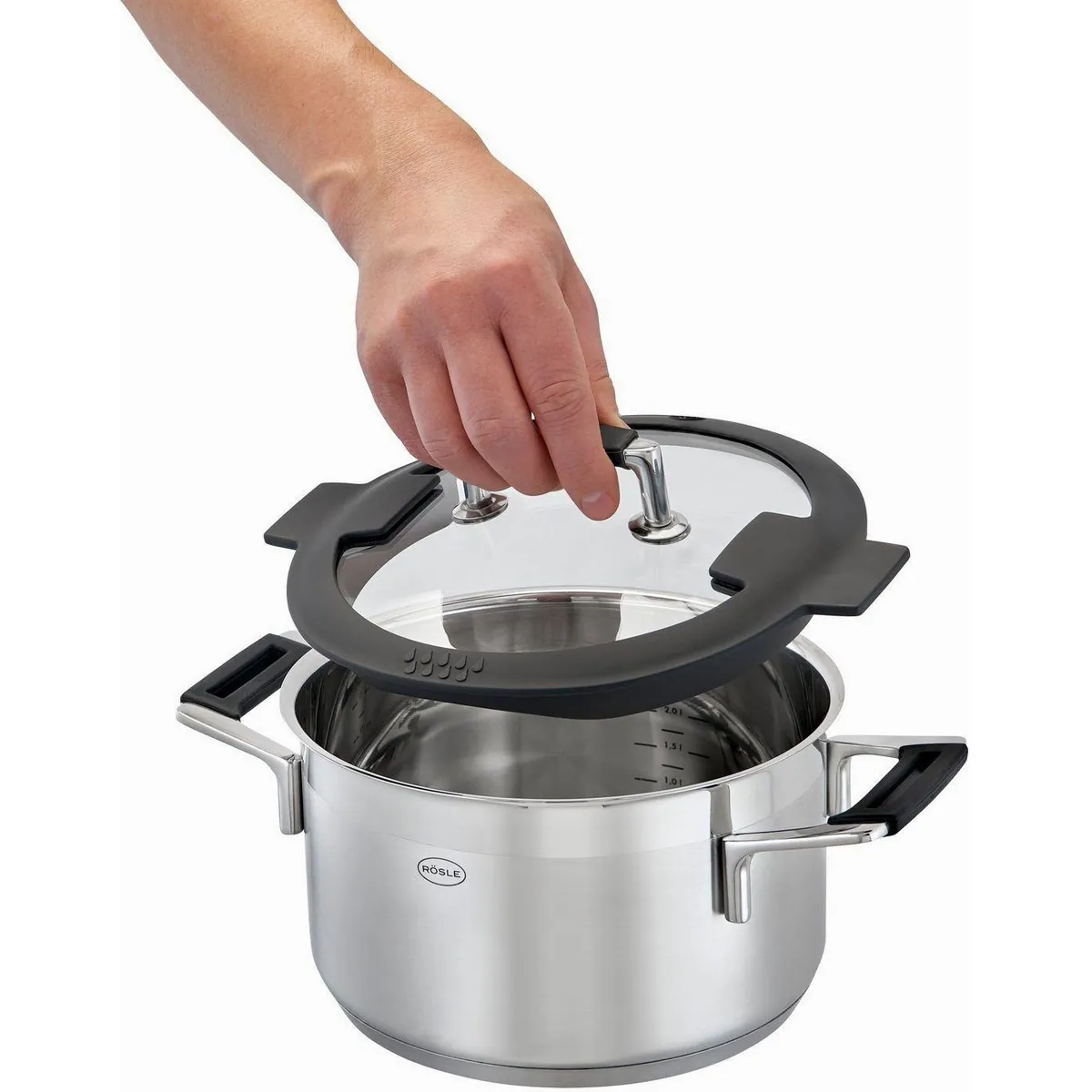 Rösle SILENCE PRO Topf-Set, 5-teilig, Edelstahl 18/10 — Kochen ohne Klappern, Innenskalierung, spülmaschinengeeignet 3