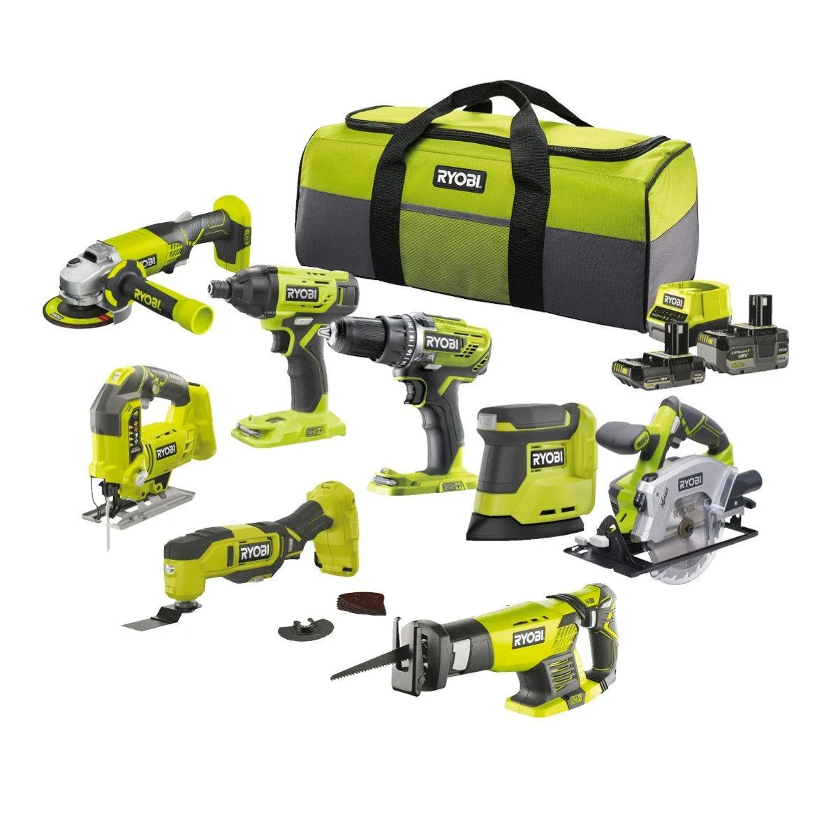 Ryobi 18 V ONE+ Combo Kit, 8-teilig, inklusive Akkus und Ladegerät