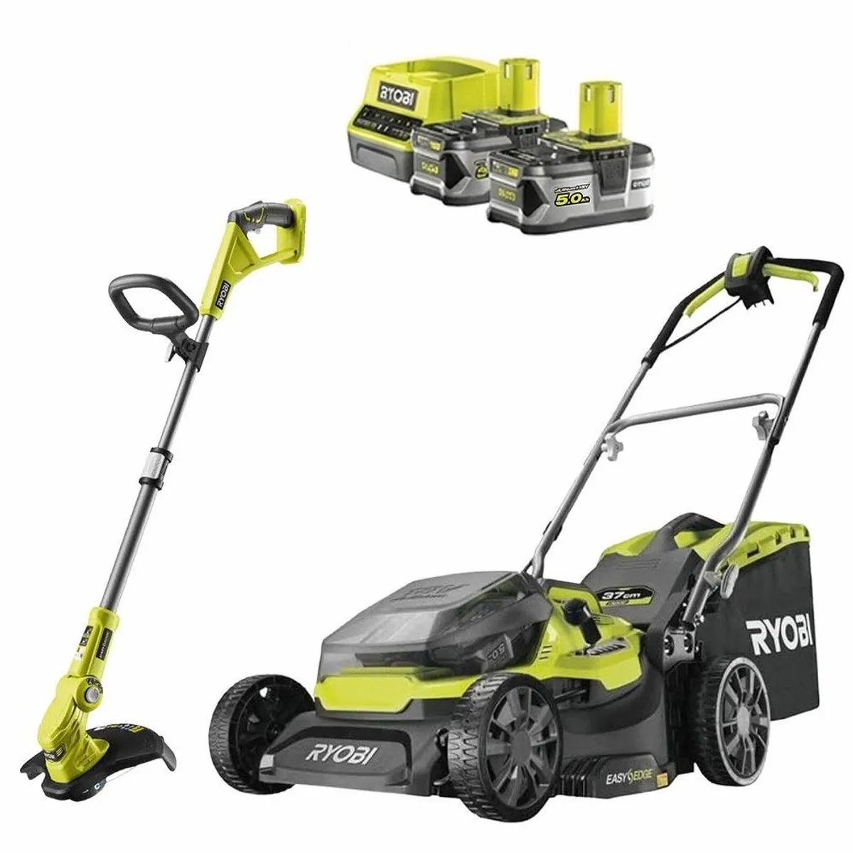 Ryobi ONE+ Garten Combo-Set, Akku-Rasentrimmer, Hybrid-Rasenmäher, 2x 5,0 Ah Akku