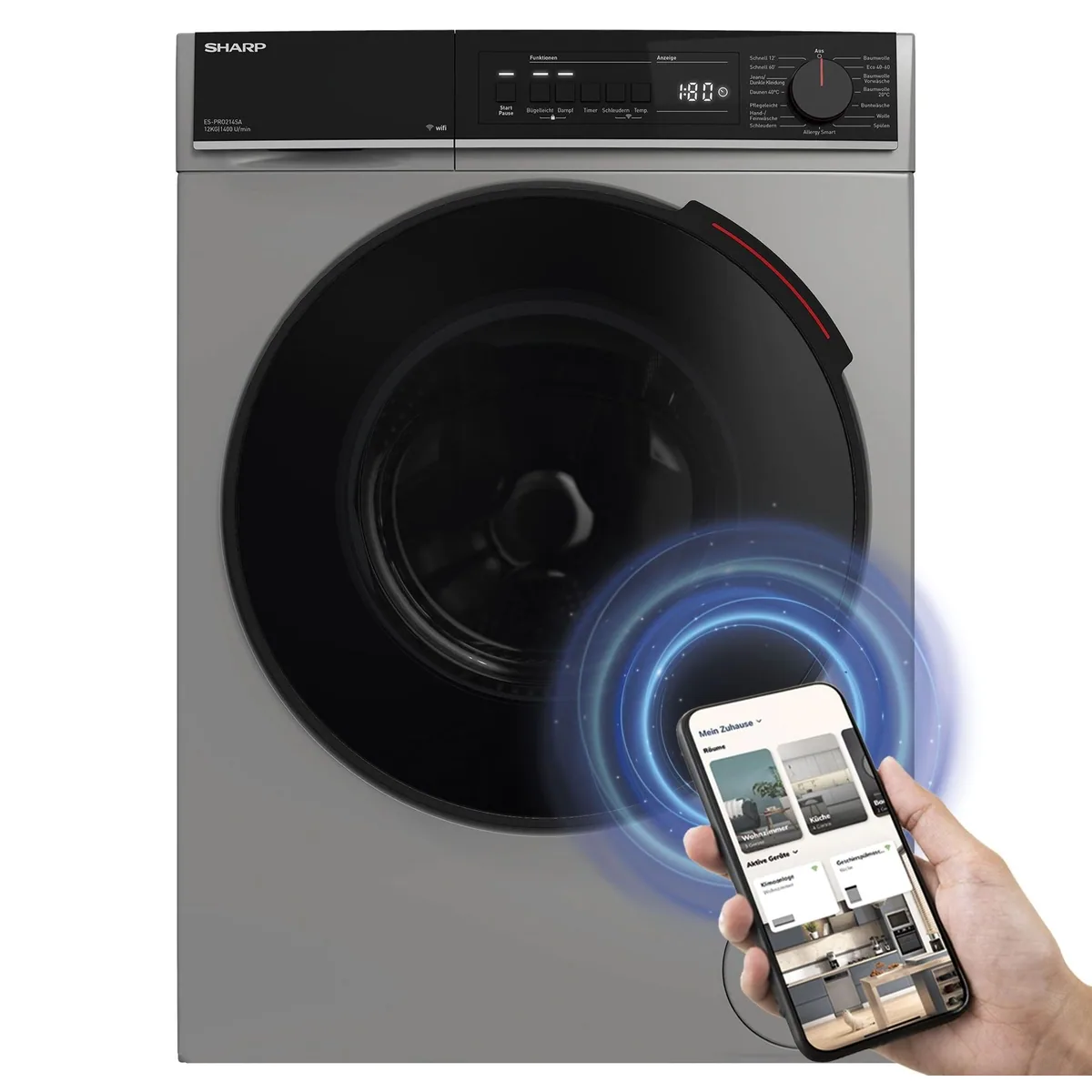 Sharp ES-PRO214SA-DE Waschmaschine, 12 kg, 1400 U/min, AllergySmart, Dampf, WIFI Steuerung