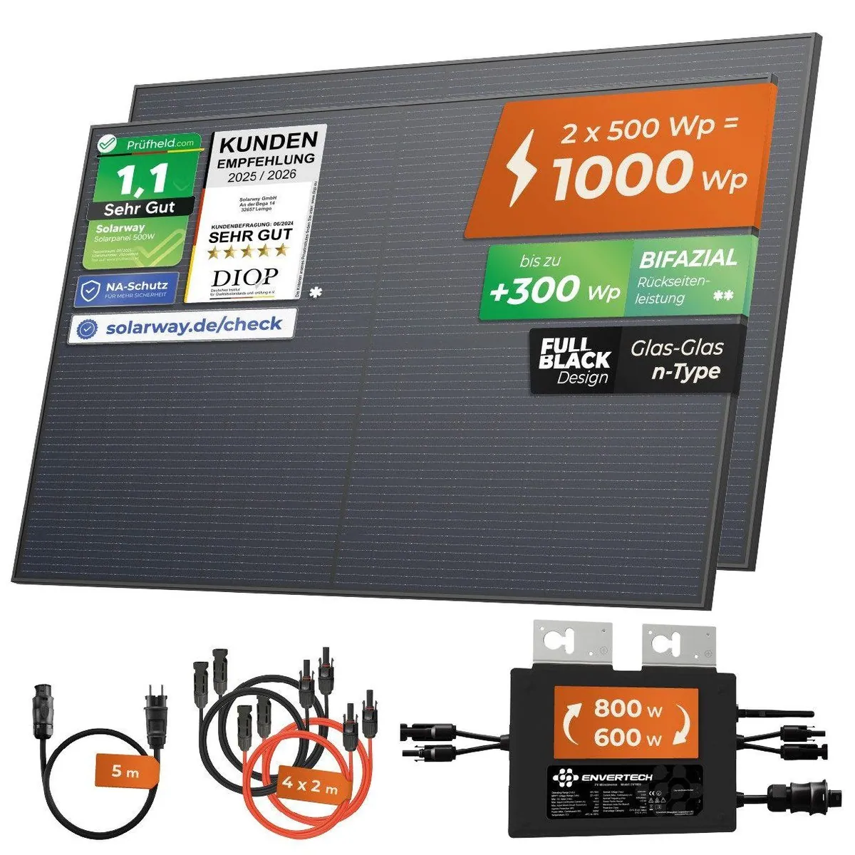 Solarway Balkonkraftwerk 1000W Komplettset, 800W Wechselrichter, IP67, Plug&Play 2