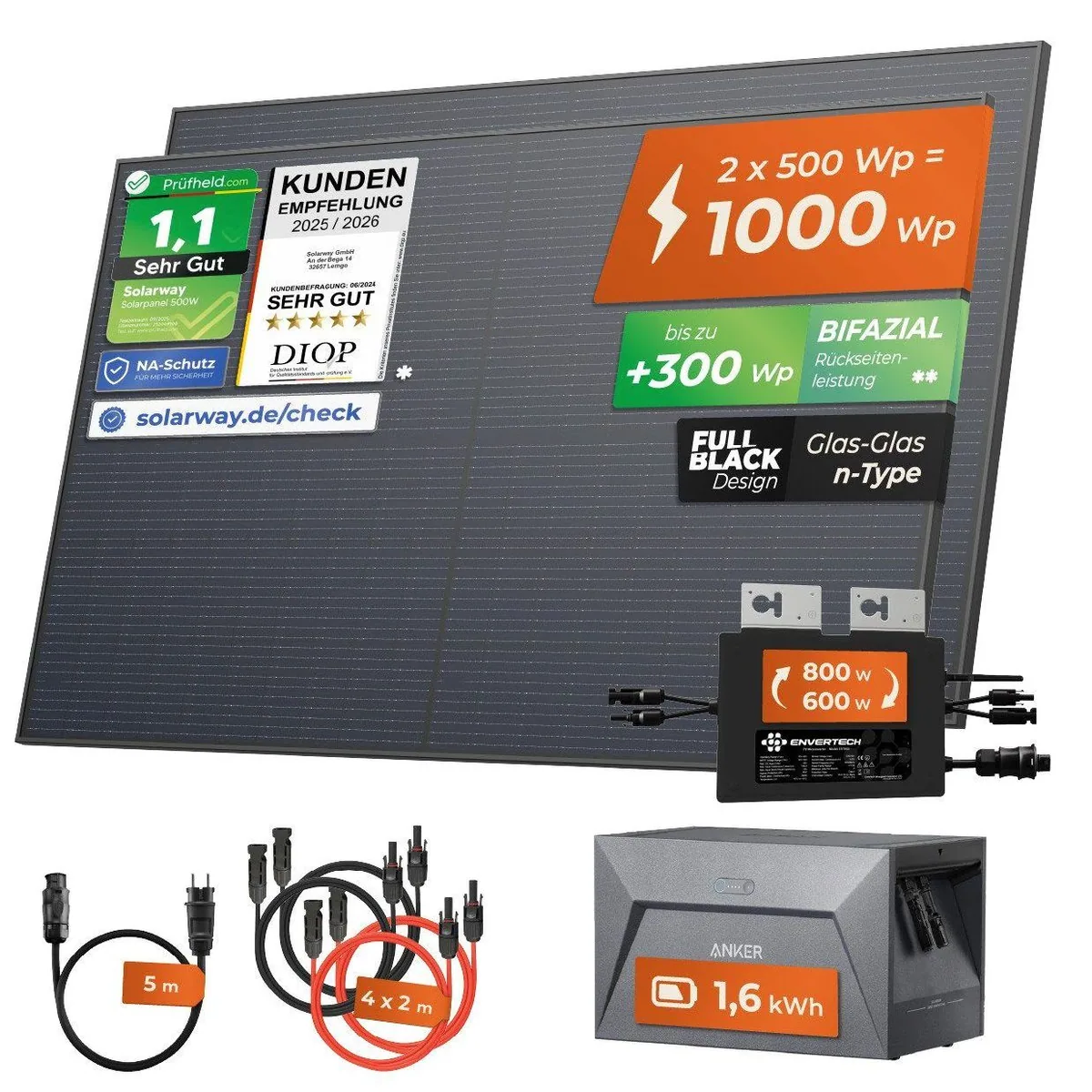 Solarway Balkonkraftwerk 1000 Wp, Premium-Komponenten, 800 Watt Wechselrichter, einfache Installation 2