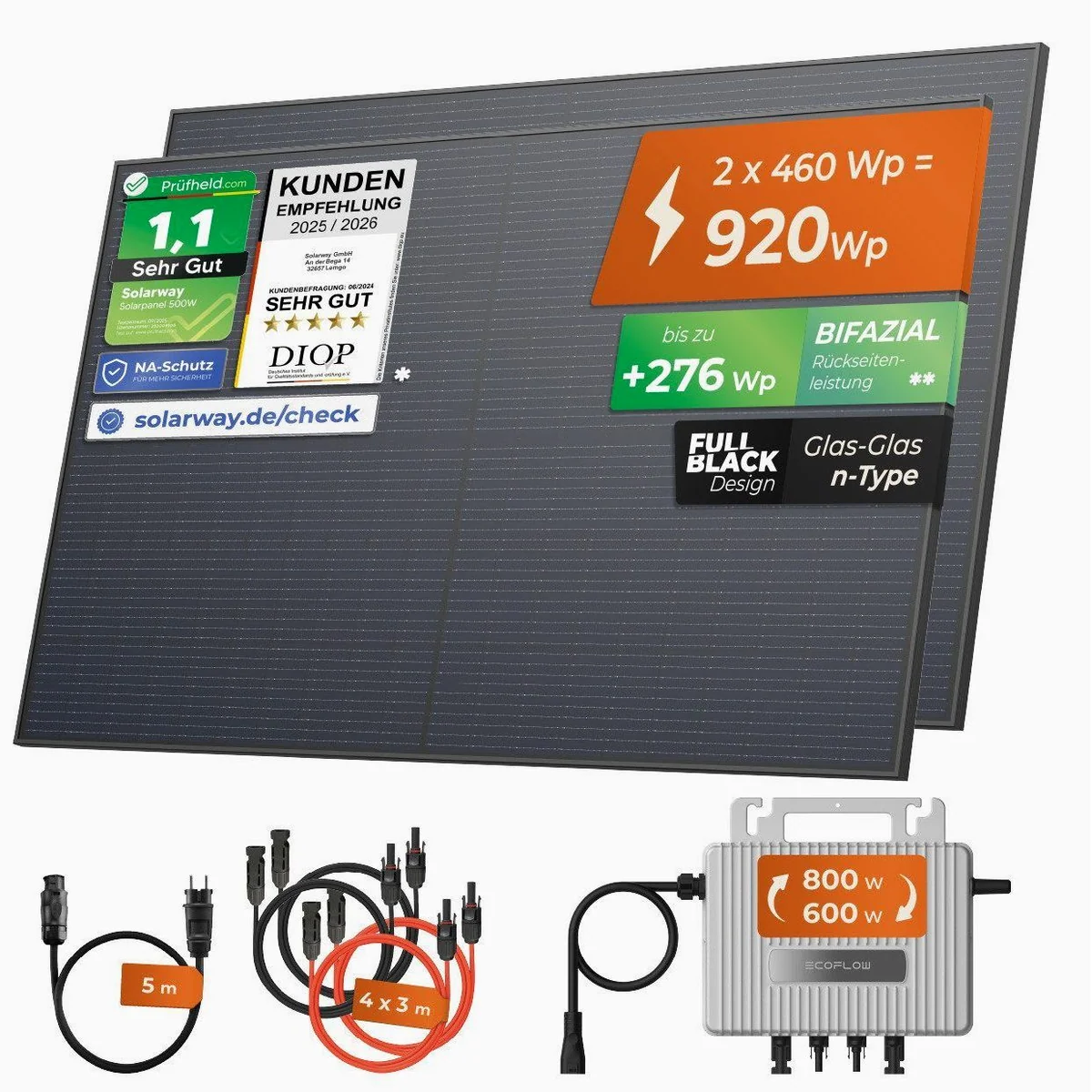 Solarway Balkonkraftwerk 920Wp, 800W Wechselrichter, 2x460W Solarmodule 2