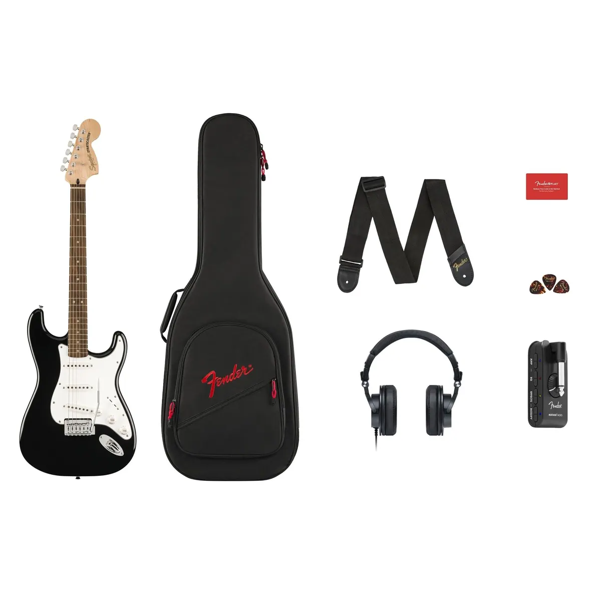 Squier Affinity Stratocaster Mustang Micro Pack, praktisches Bundle für unterwegs