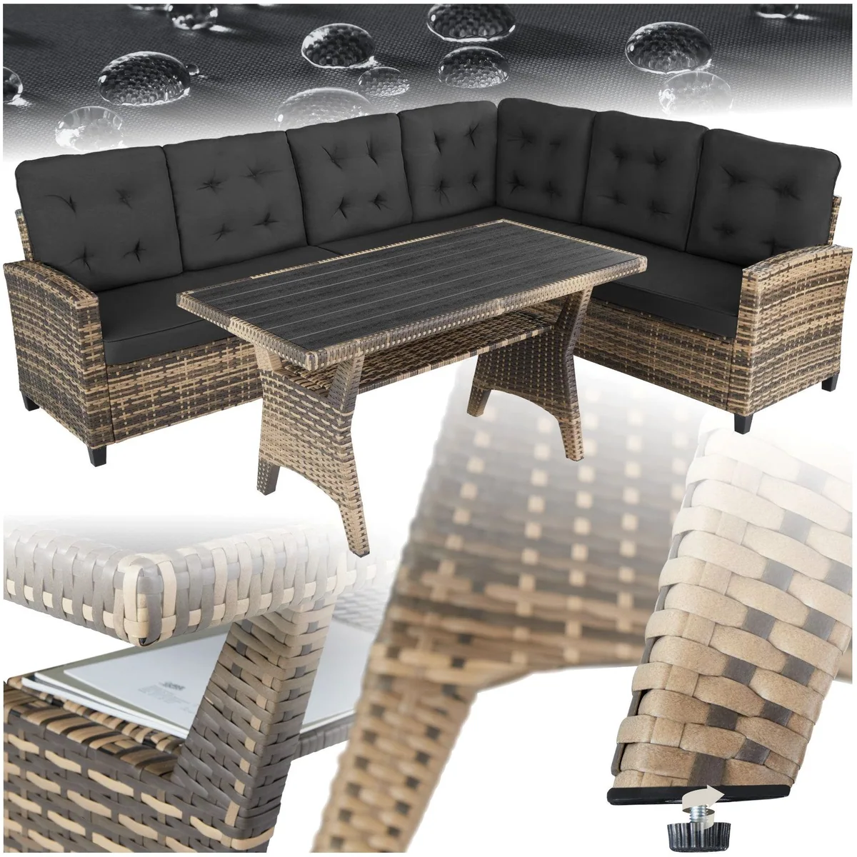 tectake Catania Loungeset, wetterfestes Polyrattan, komfortable Polster