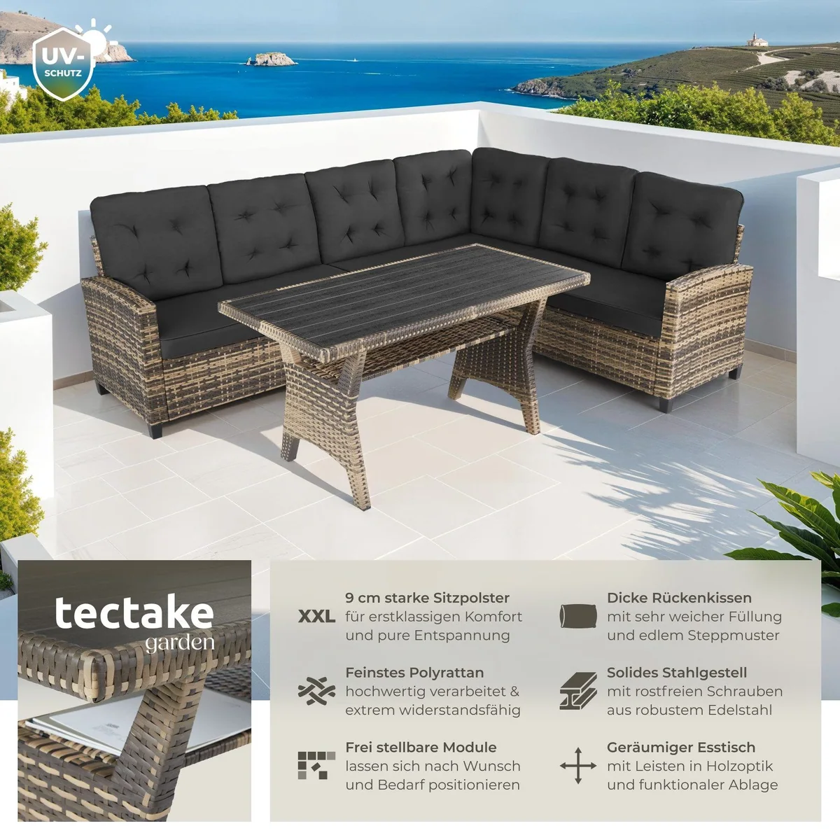 tectake Catania Loungeset, wetterfestes Polyrattan, komfortable Polster 2