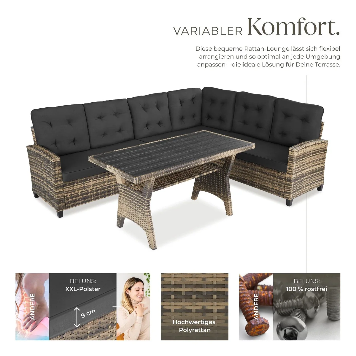 tectake Catania Loungeset, wetterfestes Polyrattan, komfortable Polster 3