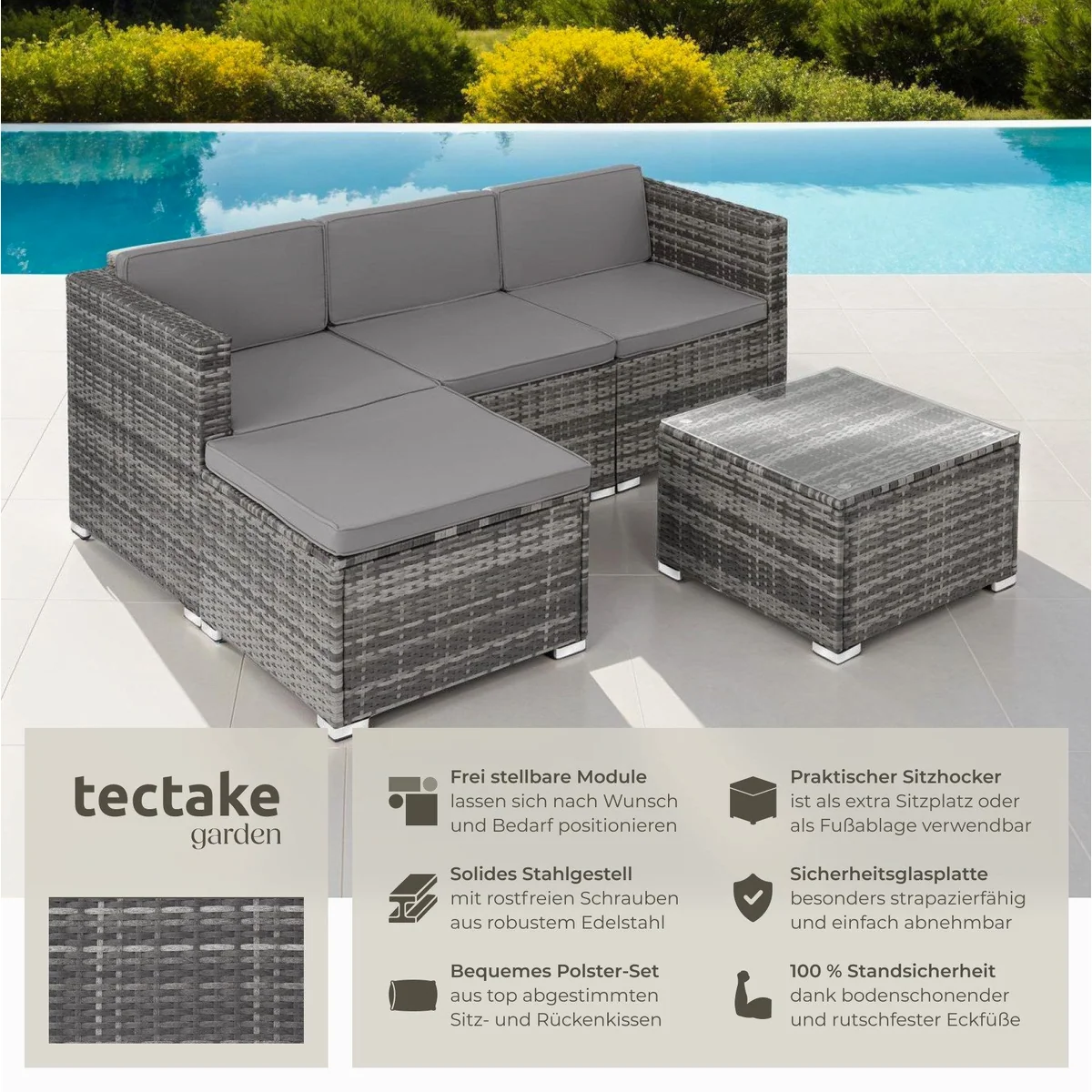 tectake Lignano Loungeset, 5-teilig, UV-beständiges Geflecht, abnehmbare Bezüge 2