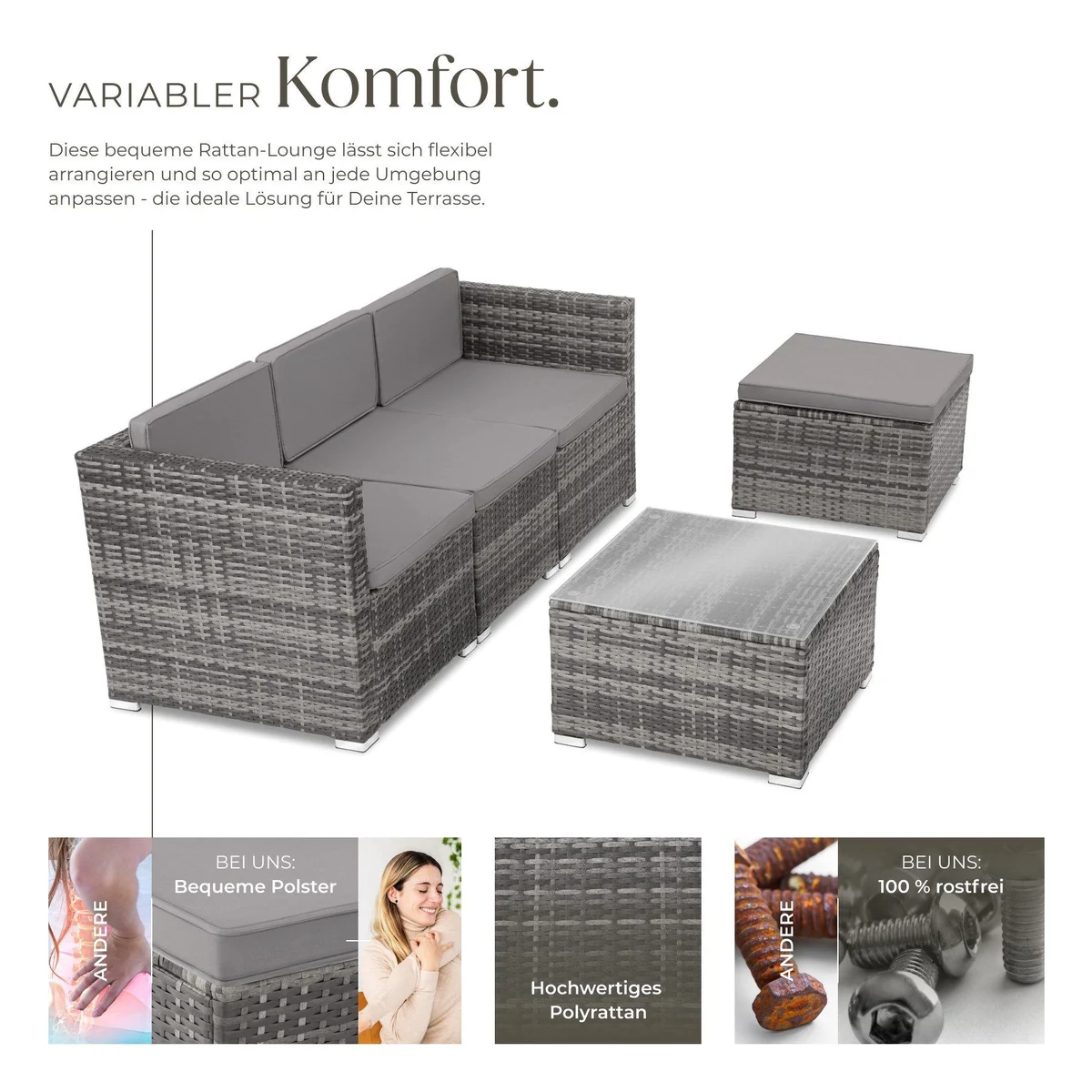 tectake Lignano Loungeset, 5-teilig, UV-beständiges Geflecht, abnehmbare Bezüge 3
