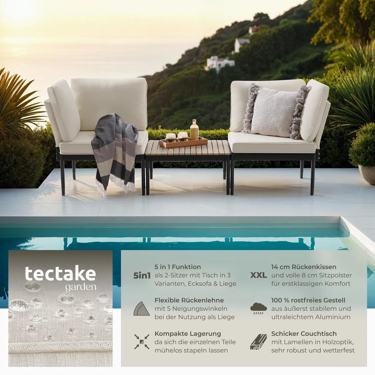 tectake Gartenlounge-Set Magaluf, wetterfest, stapelbar, mit Seitentaschen 2