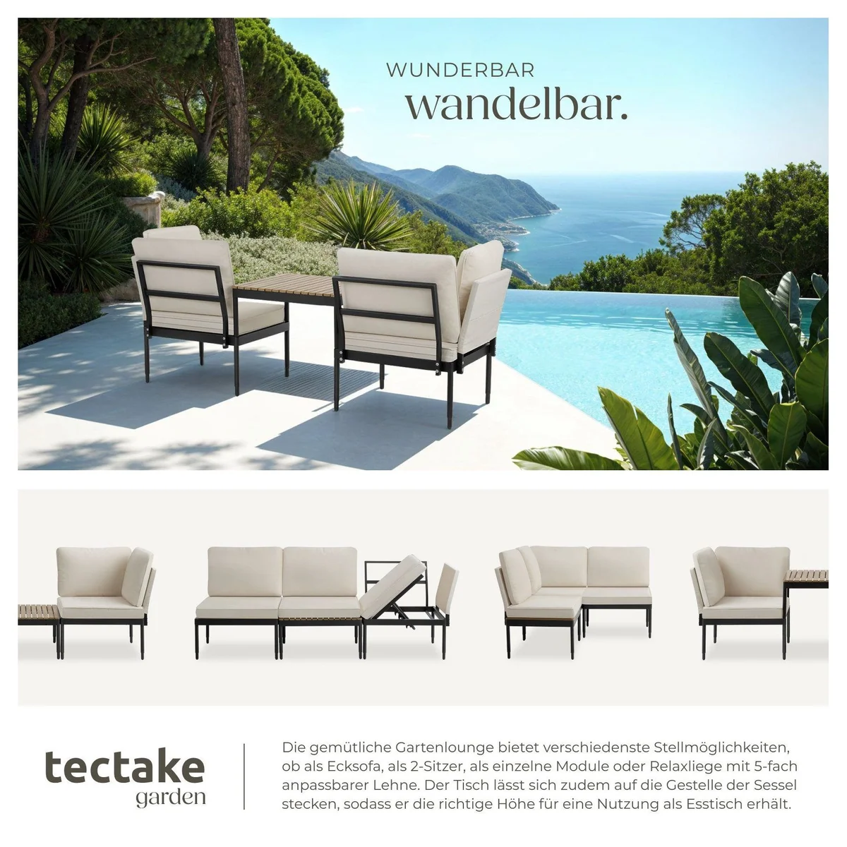 tectake Gartenlounge-Set Magaluf, wetterfest, stapelbar, mit Seitentaschen 4