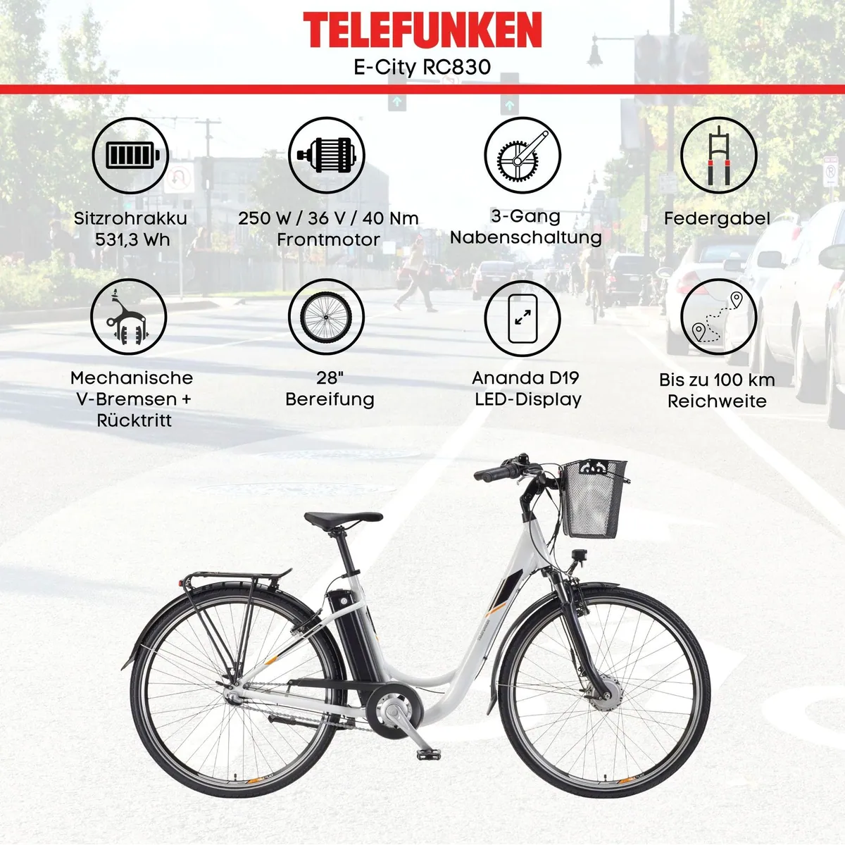 Telefunken E-Bike RC830, 250 W Frontmotor, 3-Gang Shimano Nexus, 531,3 Wh Akku 5