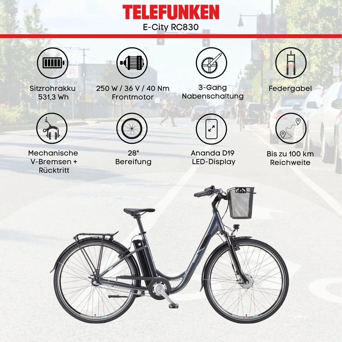 Telefunken E-Bike RC830, leistungsstarker Frontmotor, 3-Gang Shimano, komfortable Geometrie 4