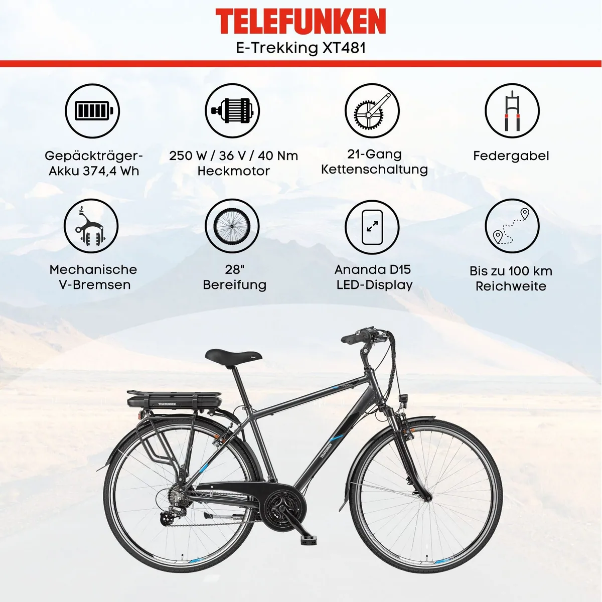 Telefunken Expedition XT481 E-Bike, 21 Gang Shimano, bis 100 km Reichweite, 28 Zoll 5