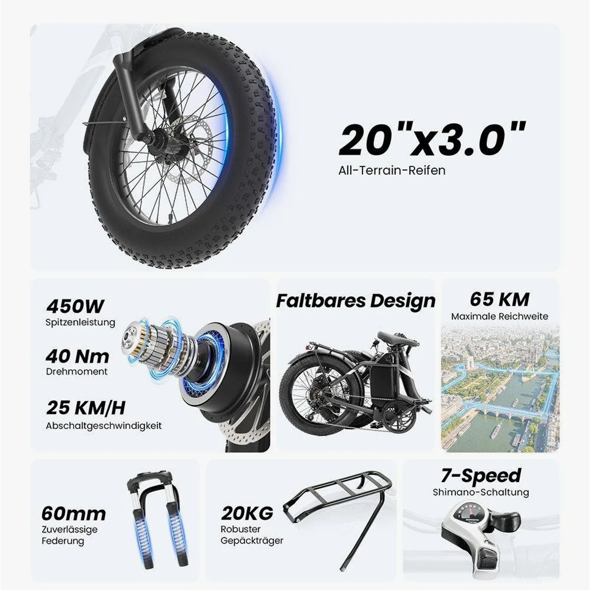 Touroll S3 E-Bike, 20 Zoll, 7-Gang Shimano, abnehmbarer Akku, 468 Wh, 25 km/h 3