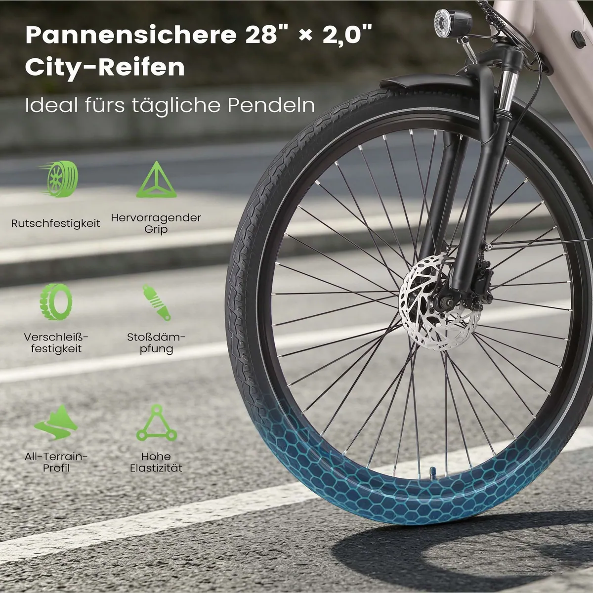 Vankel Lira City-Elektrofahrrad, 250W Motor, 48V Akku, 28" pannensichere Reifen 5